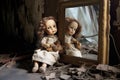 dolls reflection in a broken attic mirror