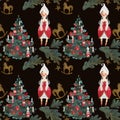 Dolls, rocking horses, Christmas trees. Seamless watercolor pattern for New Year and Christmas wrapping paper. Vintage Royalty Free Stock Photo