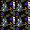 Dolls, rocking horses, Christmas trees. Seamless watercolor pattern for New Year and Christmas wrapping paper. Vintage Royalty Free Stock Photo