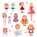 Dolls toys. Cute playing model for kids joyful toys vector set Royalty Free Stock Photo