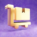 Dolly flatbed icon. Gold glossy Dolly flatbed symbol isolated on violet velvet background.