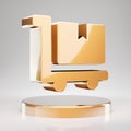 Dolly Flatbed icon. Yellow Gold Dolly Flatbed symbol on golden podium