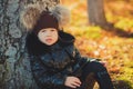 Dolly pin-up toothsome young girl wearing fashion stylish black coat jacket and awesome hat clothes posing in autumn spring park w