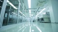 dolly shot inside bright advanced semiconductor production fab clean room. Ai Generative Royalty Free Stock Photo