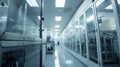 dolly shot inside bright advanced semiconductor production fab clean room. Ai Generative Royalty Free Stock Photo