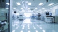 dolly shot inside bright advanced semiconductor production fab clean room. Ai Generative Royalty Free Stock Photo
