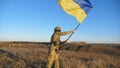Dolly shot of young man in military uniform waving flag of Ukraine against blue sky. Male ukrainian army soldier lifted Royalty Free Stock Photo