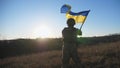 Dolly shot of young man in military uniform waving flag of Ukraine against blue sky. Male ukrainian army soldier lifted Royalty Free Stock Photo