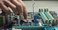 The dolly video of the CPU socket of the computer`s motherboard. the concept of computer, motherboard, hardware and
