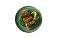 Dolma, cabbage rolls, grape leaves with filling, lemon and herbs, rustic, selective focus, no people,