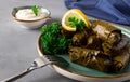 Dolma, cabbage rolls, grape leaves with filling, white sauce, lemon and herbs, rustic, selective focus, no people,