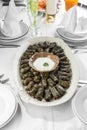 Dolma grape leaves with sauce on a clay plate on the table