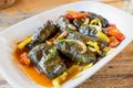 Dolma is large family of traditional dishes of grape leaf snacks stuffed minced meat. It is widespread in Transcaucasia and Royalty Free Stock Photo
