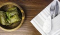 Dolma sarma or tolma stuffed grape leaves and white sauce cream Royalty Free Stock Photo