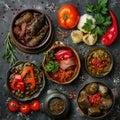 Dolma Set, Buglama with Lamb Shin, Vegetables, Fragrant Herbs. Sarma, Dolmades, Dolmadakia Royalty Free Stock Photo