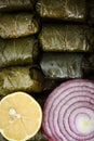 Dolma, stuffed grape leaves with rice and meat. Top view. Delicious and healthy food. Grape leaves. cooking of meal dolma Royalty Free Stock Photo