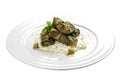 Dolma - stuffed grape leaves with rice and meat. Traditional Caucasian, Ottoman, Turkish and Greek cuisine Royalty Free Stock Photo
