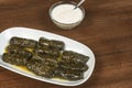 Dolma(tolma, sarma) - stuffed grape leaves with rice and meat. Armenian ,georgian or greek dolmades . Royalty Free Stock Photo