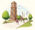 DolmabahÃÂ§e Clock Tower turkey istanbul historical places ancient city tourist cartoon Royalty Free Stock Photo