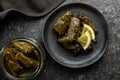 Dolmades. Stuffed vine leaves. Greek appetizer on plate Royalty Free Stock Photo