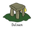 Dolmen and sun on a white background. Cartoon.