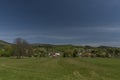 Dolni Becva village in spring color fresh green day with church and meadows Royalty Free Stock Photo