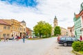 Dolni Kounice, Czech Republic - 6.7.2020: View of main square at Dolni Kounice city with the church of Peter and Paul. South