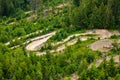 Bicyclists ride on hill slope trail park surrounded by forest