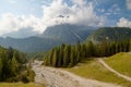 Dolomite Alps, river in the morning light, Belluno, Italy. Nearby Cortina d`Ampezzo.