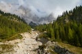 Dolomite Alps, river in the morning light, Belluno, Italy. Nearby Cortina d`Ampezzo.