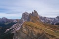 Dolomite mountain landscapes, Seceda with clouds in autumn in Dolomite Alps, South Tyrol, Italy