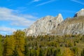 Dolomite mountains, Alpi Dolomiti in autumn yellow colors Royalty Free Stock Photo