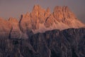 Dolomite Mountains peaks during red sunset Royalty Free Stock Photo