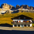 Landscape of Sass Pordoi from Dolomite Sella group Pass Pordoi, Italy