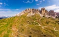 Dolomites - Beautiful panoramic sunset landscape at Gardena Pass, Passo Giau, near Ortisei. Stunning airial view on the