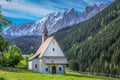 Dolomites italian alpine church chapel near Cortina and Falzarego Pass, Italy