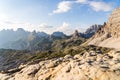 Dolomites in the Italian Alps near three peaks and Refugio Auronza on a sunny afternoon Royalty Free Stock Photo