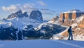 Ski domain Dolomiti Superski with panoramic views of Sassolungo and Sella group, at sunset Royalty Free Stock Photo