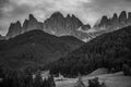 Dolomites, Italy - July, 2019: Famous best alpine place of the world, Santa Maddalena village with Dolomites mountains in