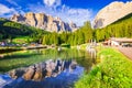 Dolomites, Italy. Laghetto Lupo Bianco and Sella Ronda mountain ridge