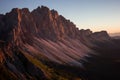 Dolomites mountain cliffs at sunset