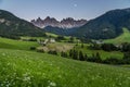 Dolomites mountain landscape in Santa Maddalena, Funes valley, Italy at night Royalty Free Stock Photo