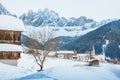 Dolomites mountain peaks with Val di Funes village in winter, South Tyrol, Italy Royalty Free Stock Photo