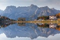 Dolomites mountains reflected in the Lago mi Misurina Lake at autumn, South Tyrol. Italy Royalty Free Stock Photo