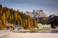 Dolomites mountains reflected in the Lago mi Misurina Lake at autumn, South Tyrol. Italy Royalty Free Stock Photo