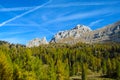 Dolomite mountains, Alpi Dolomiti in autumn yellow colors Royalty Free Stock Photo