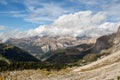 The Dolomites and Val Gardena in South Tyrol. Epic Mountains with a cloudy Sky. View from Passo Sella in Italy over to Stevia and