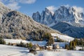 Dolomites village in the snow in winter