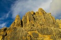 Rocky cliffs tower at sunset light of Dolomites mountains, Dolomiti di Brenta Royalty Free Stock Photo