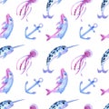 Dolphin, anchor, jelly fish, narwhal seamless watercolor pattern. Underwater cute background on white. Sea creatures in ocean on Royalty Free Stock Photo